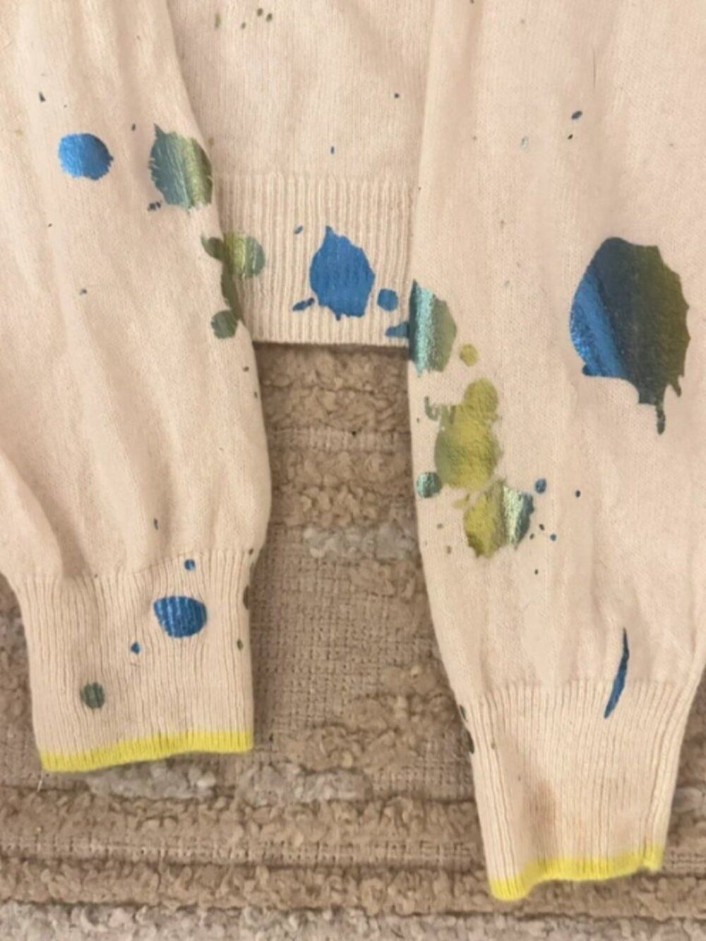 Brodie 100% Cashmere Sweater Cream Paint Splatter Metallic Blue Green L - Picture 5 of 7